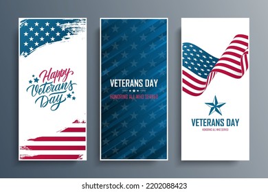 USA Veterans Day celebrate flyers set with national flag of the United States. US Veterans Day national holiday. Vector illustration.