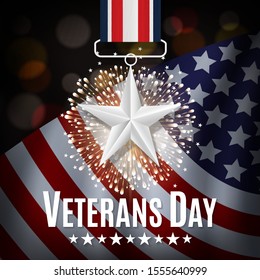 USA Veterans Day. Decorated patriotic template for advertising card, flyer, poster, banner. Silver star on the ribbon, flag, lights, firework and holiday greeting.