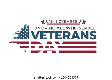USA Veterans day greeting card template. Abstract grunge brushed United States of America flag with text. Vector horizontal banner, poster, flyer design for National american army patriot holiday