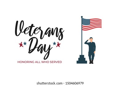 USA Veterans day greeting card template. United States of America flag with soldier in military uniform. Vector horizontal banner, poster, flyer design for National american army patriot holiday