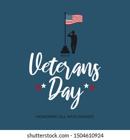 USA Veterans day greeting card template. United States of America flag with saluting soldier and text - Veterans Day. Vector banner, poster, flyer design for National american army patriot holiday
