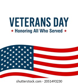 USA Veterans Day greeting cards set with United States national flag. Honoring all who served. United States national holiday vector illustration.