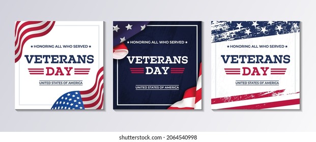 USA Veterans Day greeting cards set with United States national flag. United States national holiday vector illustration. Honoring all who served. 