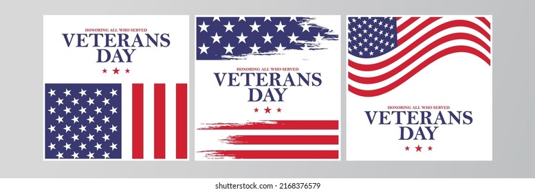 USA Veterans Day greeting cards set with United States national flag. United States national holiday vector illustration