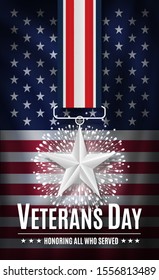 USA Veterans Day. Nice patriotic template for advertising card, flyer, Leaflet. Decorated with Silver star on the ribbon, firework and holiday text on top of American flag background.