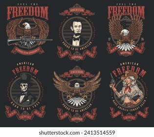 USA veterans day set flyers colorful armed eagle and Lincoln or cowgirl portraits for november 11 greeting cards vector illustration