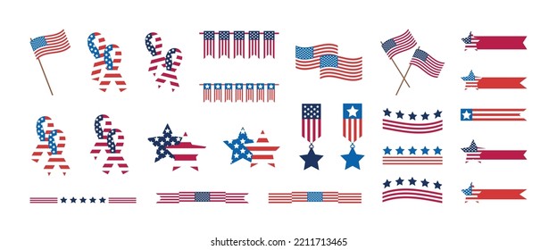 El Día de los Veteranos de Estados Unidos. Iconos del Día de la Independencia de Estados Unidos. Ilustración, signo o símbolo de la bandera de los Estados Unidos, insignias. Íconos patrióticos tradicionales de Estados Unidos para la fiesta nacional estadounidense. 