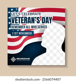 USA Veterans day social media post template design collection. Editable modern banner with place for the photo. Usable for social media, greeting card, banner, and website.