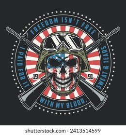 USA veterans day sticker colorful with man head in military helmet and crossed arms in colors national flag vector illustration