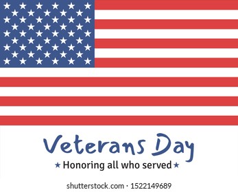 USA Veterans day vector greeting card with the national flag of America and congratulatory text. Honoring all who served, November 11. 