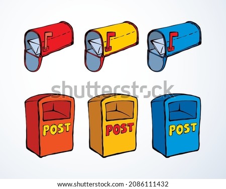 Usa vibrant metallic open respond bill inbox flag set on white wall backdrop. Bright yellow, red, blue color hand drawn web media object logotype emblem in art antique scribble style paper text space