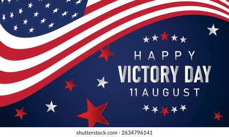 USA Victory Day design with waving flag stripe and star pattern on deep blue background