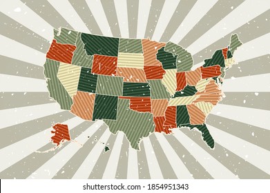 USA vintage map. Grunge poster with map of the country in retro color palette. Shape of USA with sunburst rays background. Vector illustration.