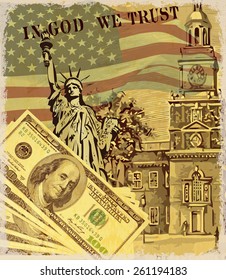 USA vintage poster with landmark and symbol of Freedom and Democracy,