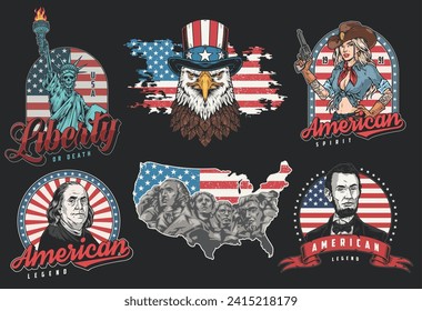 USA vintage set posters colorful with portraits Lincoln and Franklin near flag or bas-relief mount Rushmore and eagle vector illustration