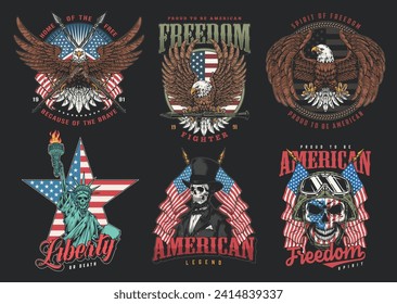 USA vintage set stickers colorful with armed eagle and soldier or Lincoln skull for independence day holiday souvenirs vector illustration