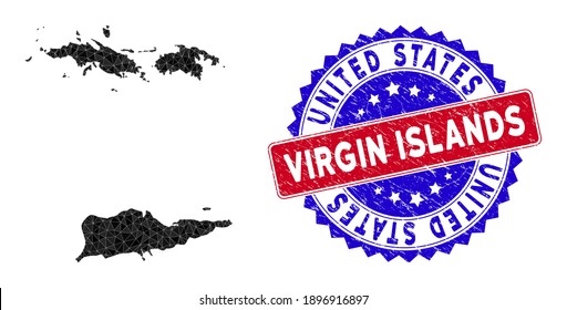 USA Virgin Islands map polygonal mesh with filled triangles, and rubber bicolor watermark. Triangle mosaic USA Virgin Islands map with mesh vector model, triangles have variable sizes, and positions,