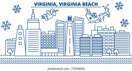 USA, Virginia , Virginia Beach winter city skyline. Merry Christmas and Happy New Year decorated banner. Winter greeting card with snow and Santa Claus.Flat, line vector. Linear christmas illustration