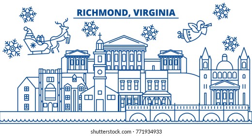 USA, Virginia, Richmond winter city skyline. Merry Christmas and Happy New Year decorated banner. Winter greeting card with snow and Santa Claus. Flat, line vector. Linear christmas illustration