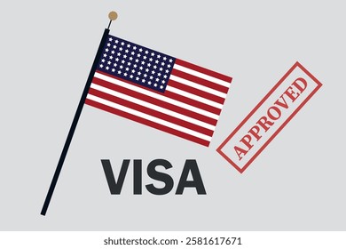 USA visa approval concept with American flag and red approved stamp on a neutral background, symbolizing travel success.