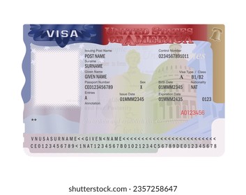 USA visa sticker template on a white background, vector illustration. Document. United States of America