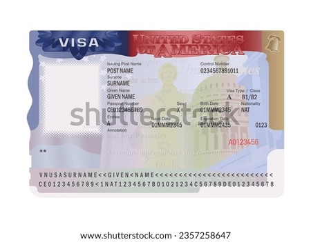 USA visa sticker template on a white background, vector illustration. Document. United States of America