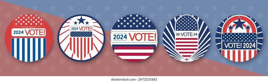 USA VOTE 2024  pin button icon set, Presidential Election, midterm, House or Senate elections. American Election campaign style, Electoral symbols, United States of America USA Flag.