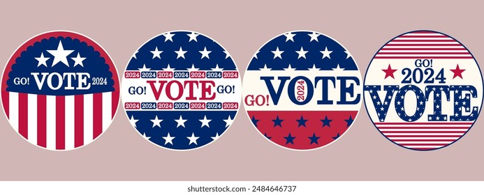 USA VOTE 2024  Presidential Election icon badge pin button set, midterm, House, Senate elections. American Election campaign style, Electoral symbols, United States of America USA Flag.