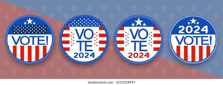 USA VOTE 2024 Presidential Election icon badge pin button set, midterm, House, Senate elections. American Election campaign style, Electoral symbols, United States of America USA Flag.