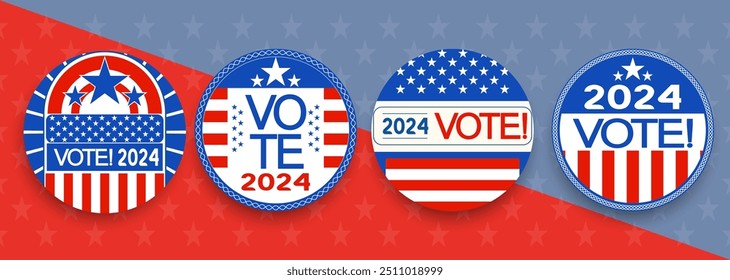 USA VOTE 2024 Presidential Election icon badge pin button set, midterm, House, Senate elections. American Election campaign style, Electoral symbols, United States of America USA Flag.