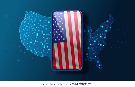 USA voting map and flag on smartphone screen american presidential election concept horizontal