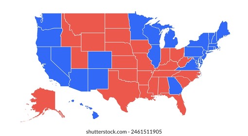 In: USA Voting Map. Poster Karte der Vereinigten Staaten von Amerika für Wahlen, Wahlen, US-Präsident Wahlen. Infografik Design, USA Karte mit Staaten, Demokratische, Republikanische USA Staaten. Vektorillustration