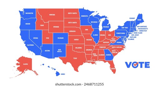 USA Voting Map. Poster map of United States of America for Election, Voting, US President elections. Infographic design, USA map with states, Democratic, Republican USA states. Vector Illustration