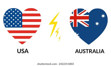 Estados Unidos vs Australia. Bandera de los Estados Unidos de América y Australia en forma de corazón