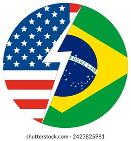 Estados Unidos vs Brasil. Bandera de los Estados Unidos de América y el Brasil en círculo redondo. 