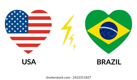 Estados Unidos vs Brasil. Mapa de los Estados Unidos de América y Brasil en forma de corazón