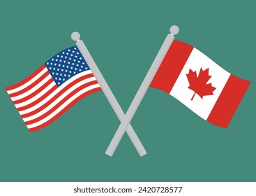 USA vs Canada. Flag of United States of America and Canada on flagpole. 