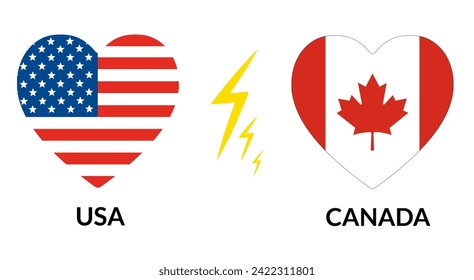 Estados Unidos vs Canadá. Bandera de los Estados Unidos de América y Canadá en forma de corazón