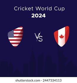 Diseño de la insignia de la bandera internacional de Estados Unidos vs Canadá en el fondo del horizonte de Estados Unidos para la Copa Mundial de Críquet 2024. Vector para Plantilla de partidos deportivos o Anuncio en Ilustración vectorial.