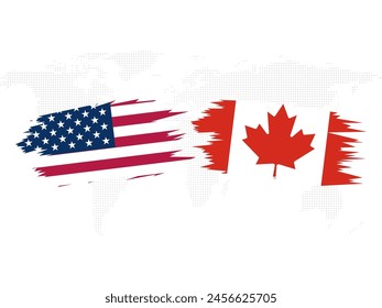 USA vs Canada International Cricket Match. Flags of both teams with badge shields. Names of both countries. World Map on Background. Editable EPS file.