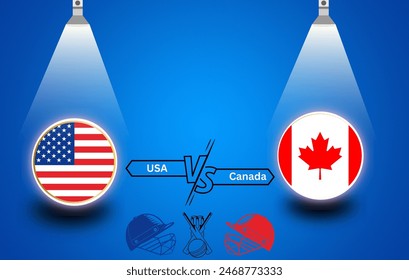 USA vs CANADA: International Cricket 3D Flag Badge Design with Helmet Concept on Blue Background, Torch Light Focus. EPS Vector for Sports Match Template or Banner. Social Media Post Design Web.