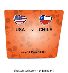 USA vs Chile, Women world football match 2019 with orange background, French pattern with modern and traditional elements, Vector illustration