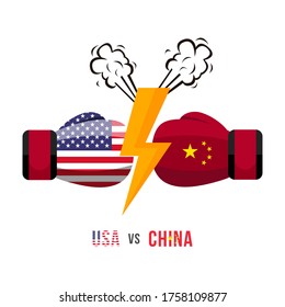 USA vs China. Concept of trade war, fight or war on border between america and china. Vector illustration.