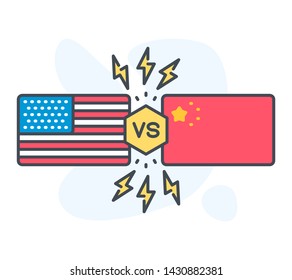 USA vs China confrontation color vector illustration. United States of America versus Republic of China color icon.