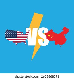 EE.UU. vs China con relámpagos y un mapa que contiene mapas de los dos países, adecuado para los EE.UU. y China icono de la guerra comercial