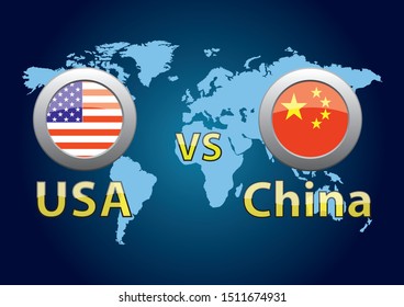 USA vs China. Opposition. Flags on the background of the world map.