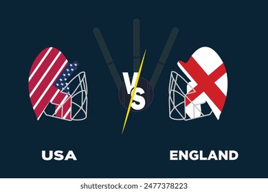USA vs England cricket match concept.Rival flags of both teams with cricket Helment isolate with ball, wickets and dark background. Editable EPS file. USA vs ENG match concept.