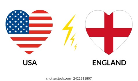 Estados Unidos vs Inglaterra. Bandera de los Estados Unidos de América e Inglaterra en forma de corazón