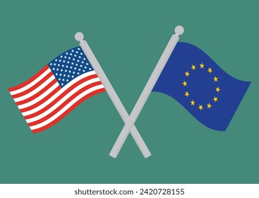 USA vs EU. Flag of United States of America and the European Union on flagpole