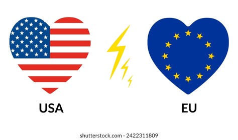 Estados Unidos vs Unión Europea. Bandera de los Estados Unidos de América y de la Unión Europea en forma de corazón